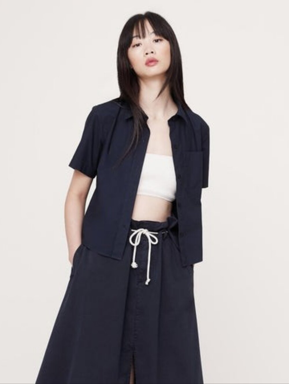 BANANA REPUBLIC Boxy Cotton Poplin Short-Sleeve Shirt - Navy